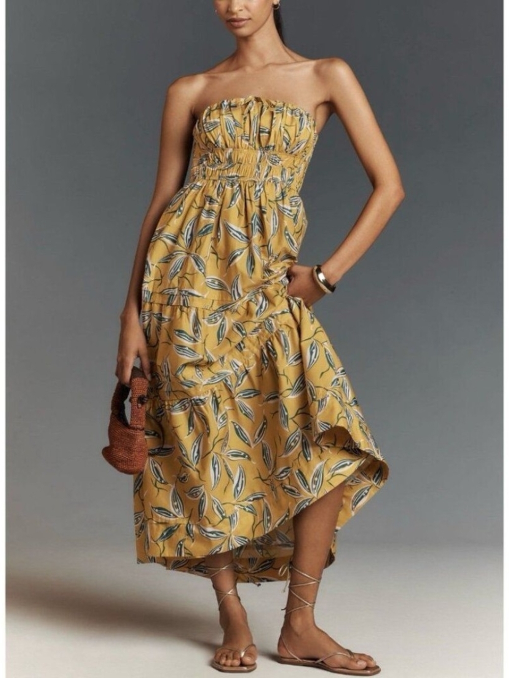 Anthropologie Somerset - Yellow Leaf-Print Strapless Dress
